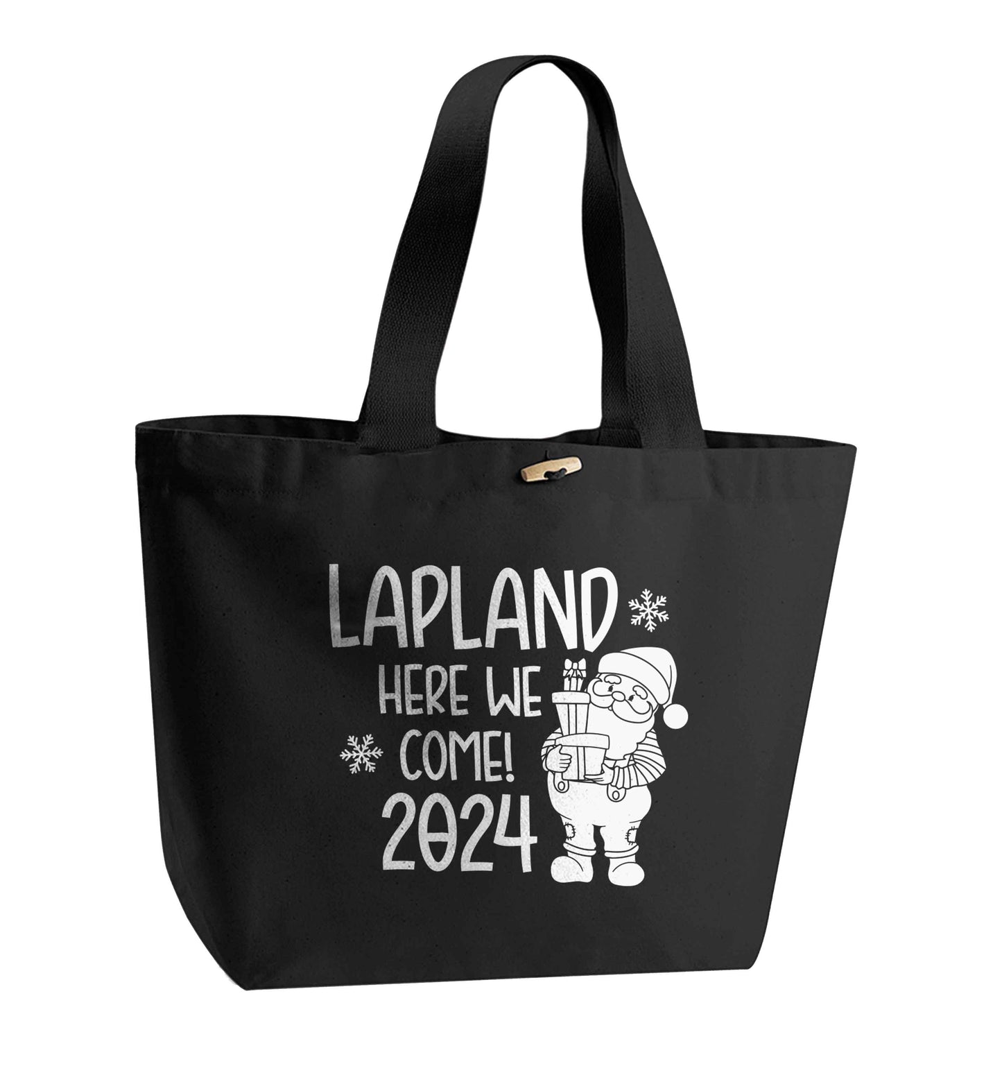 Lapland here we come organic cotton premium tote bag with wooden toggle in black
