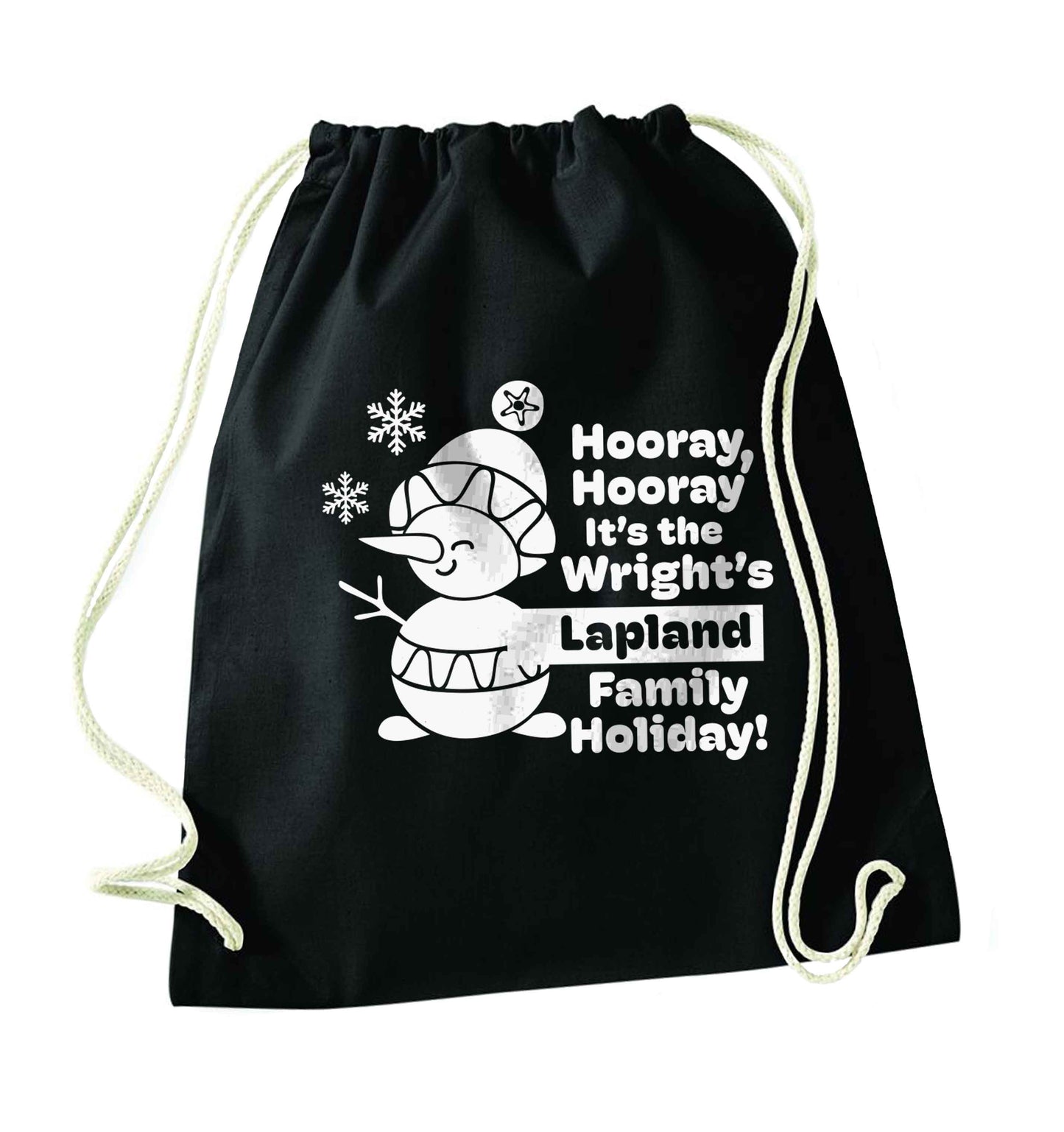 Hooray it's the personalised Lapland holiday! black drawstring bag