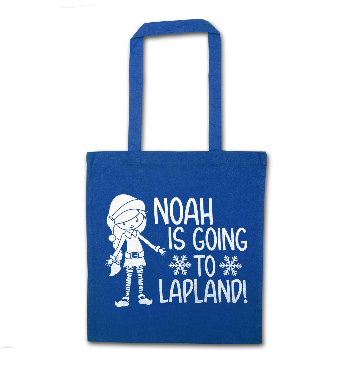 Any name here - is going to Lapland personalised elf blue tote bag