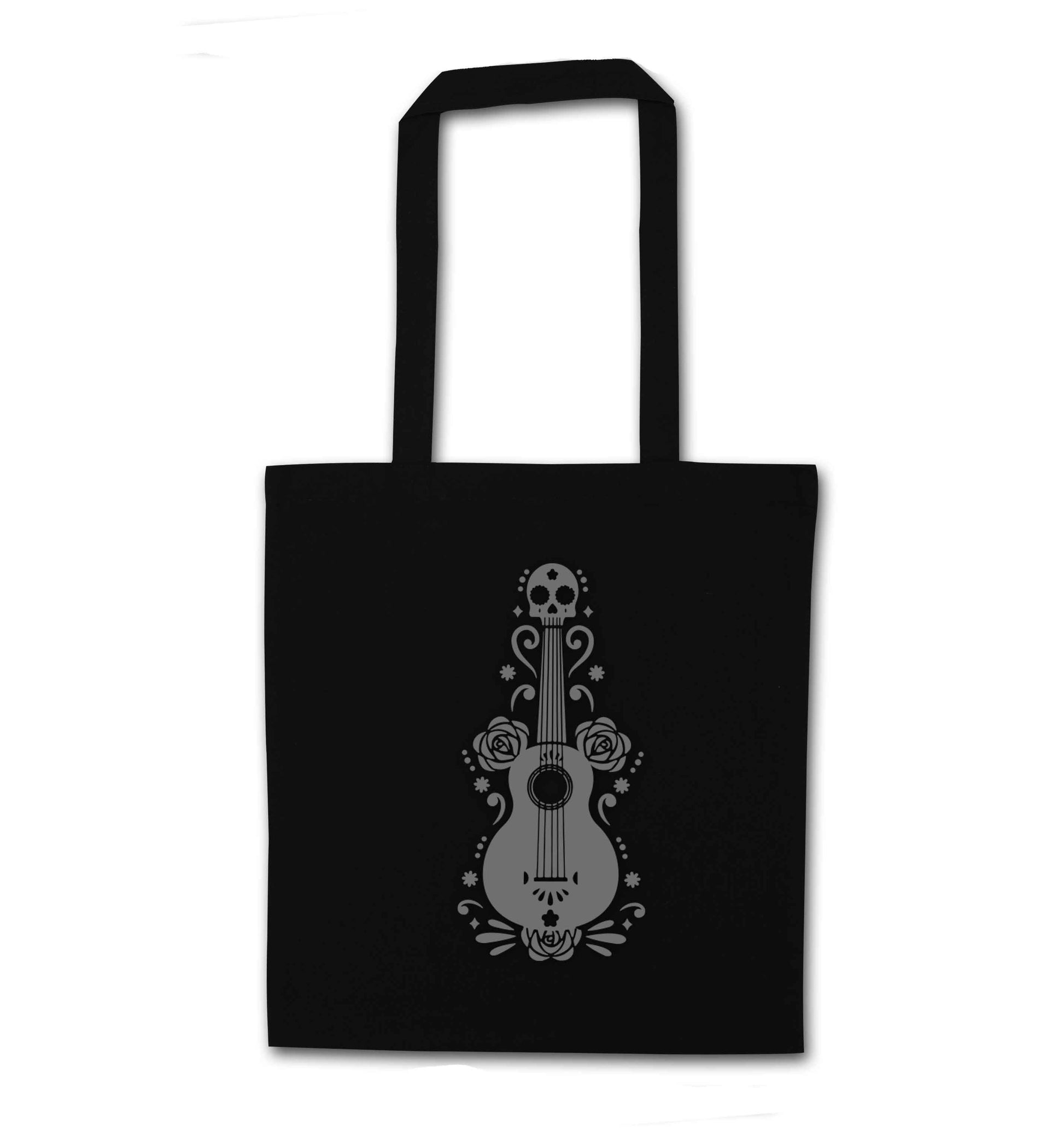 Guitar skull illustration black tote bag