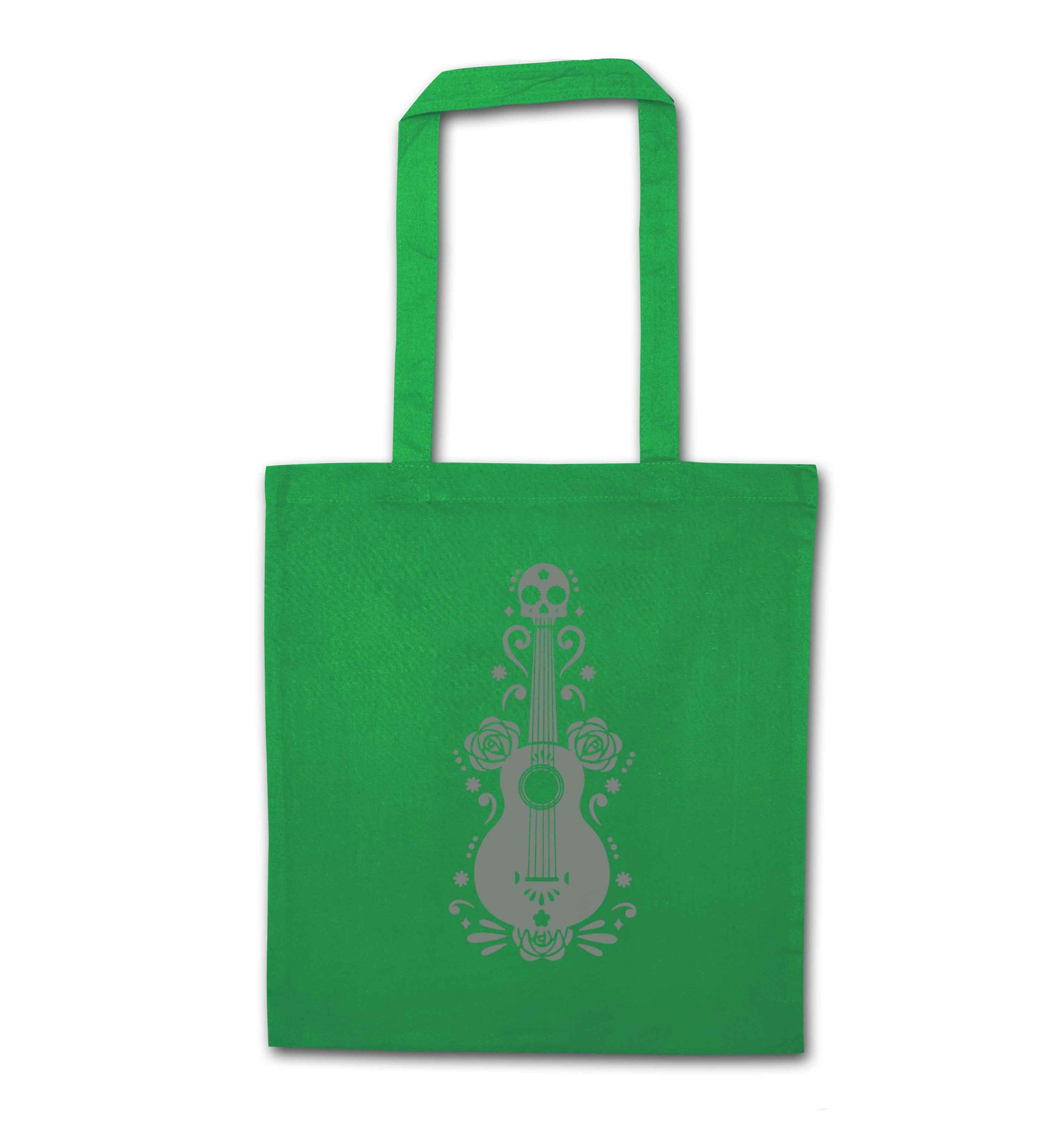 Guitar skull illustration green tote bag