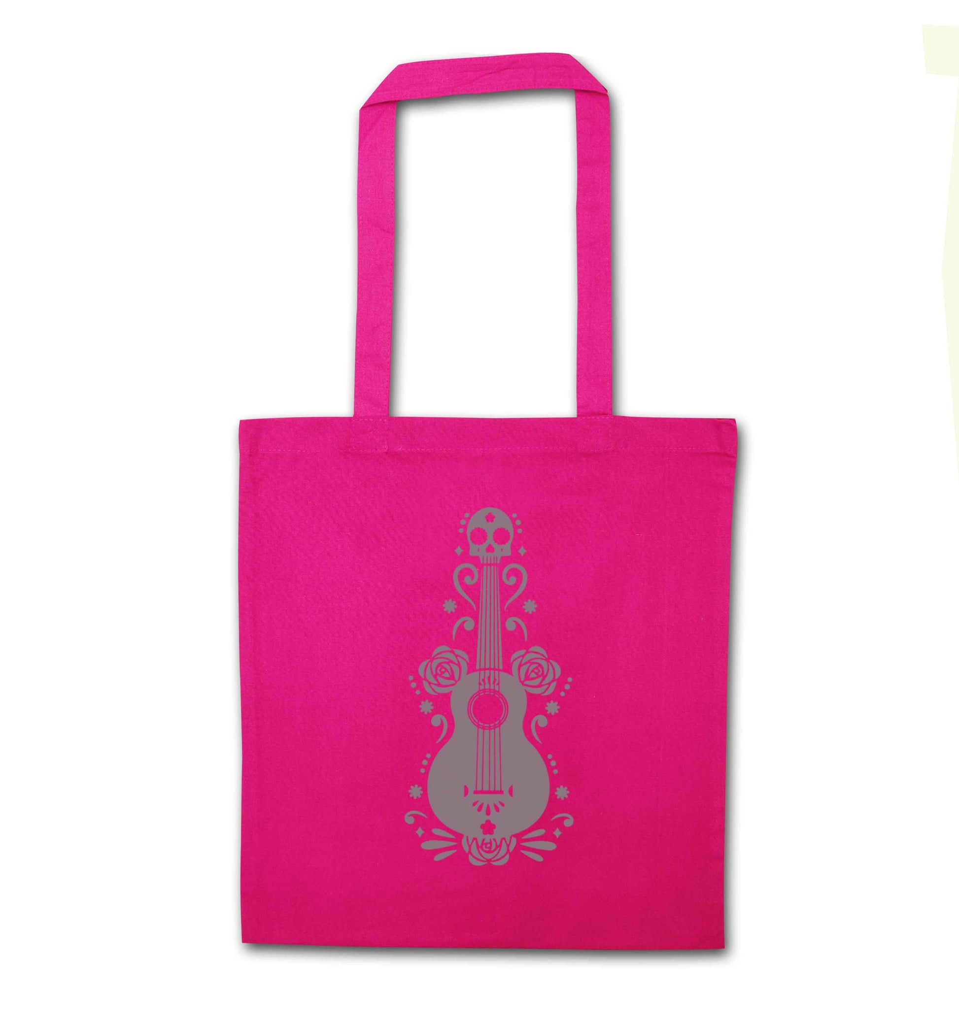Guitar skull illustration pink tote bag