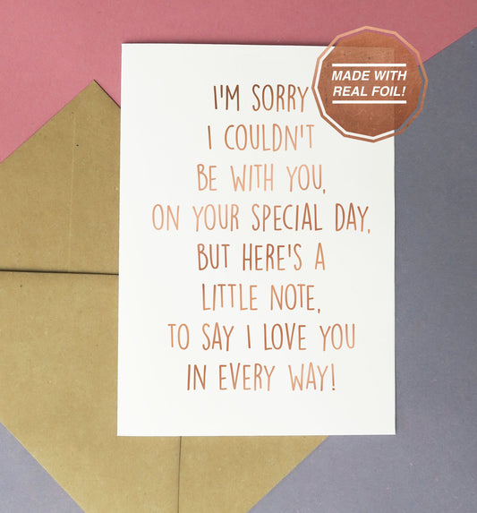 sorry I couldn't be with you on your special day belated wedding card print or download rose gold foil