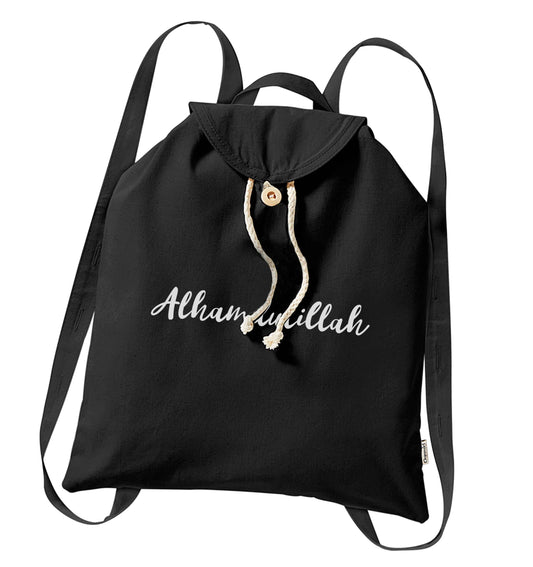 alhamdulillah organic cotton backpack tote with wooden buttons in black