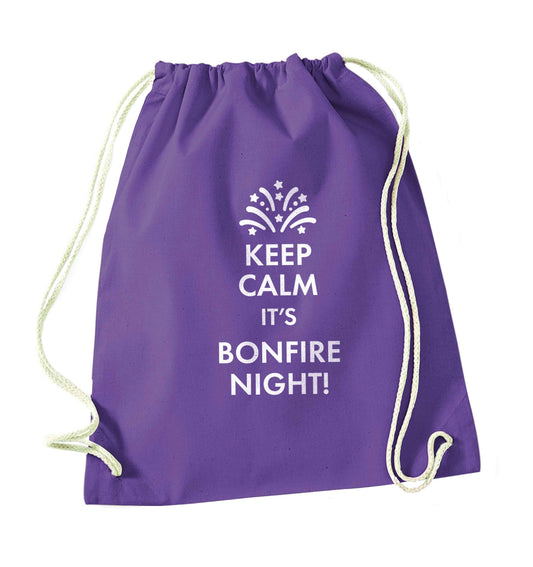 Keep calm its bonfire night purple drawstring bag