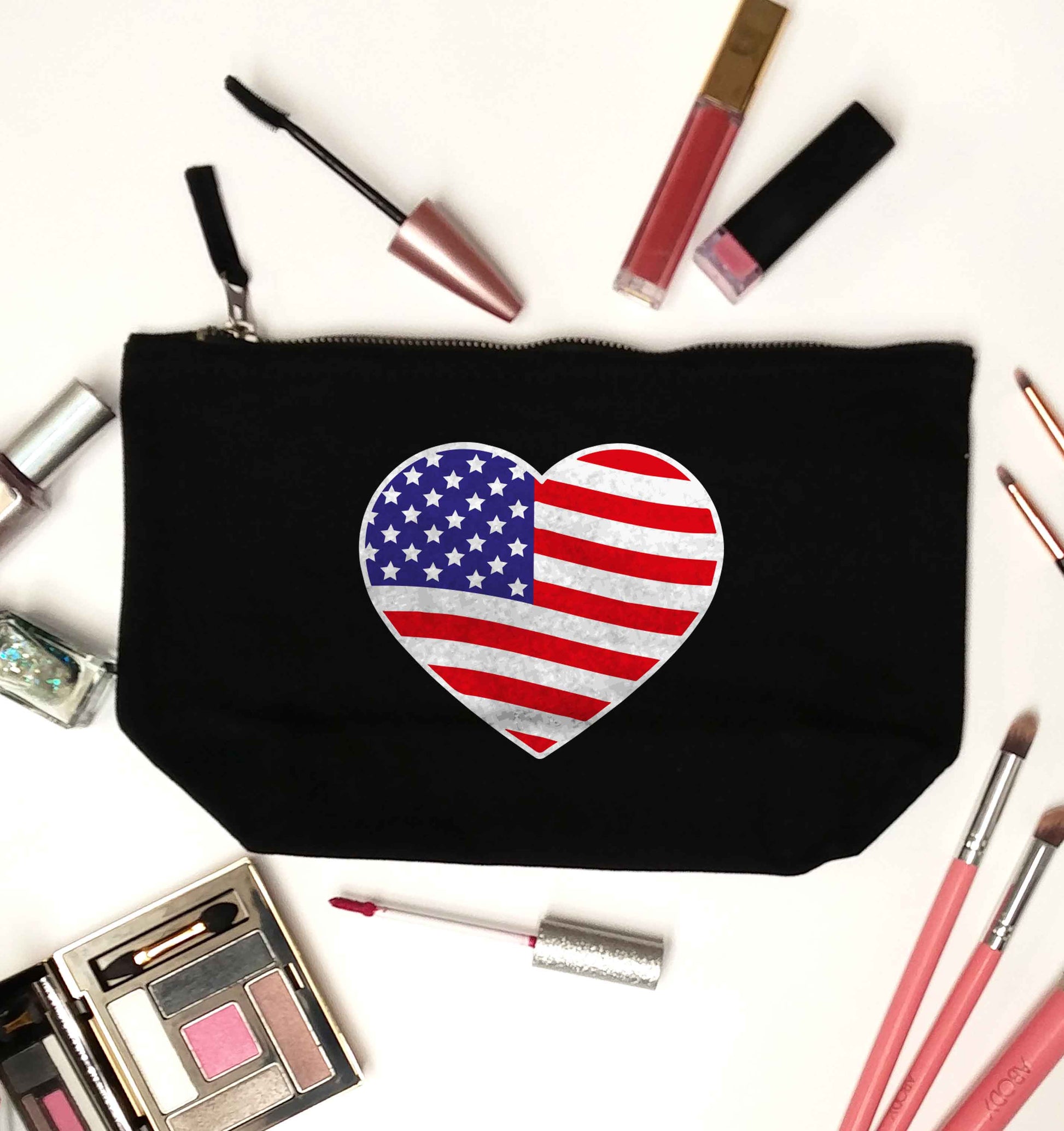 American USA Heart Flag black makeup bag