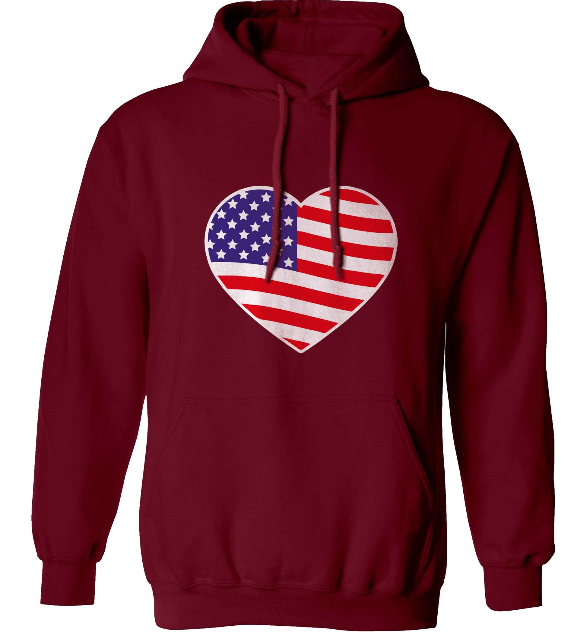 American USA Heart Flag adults unisex maroon hoodie 2XL
