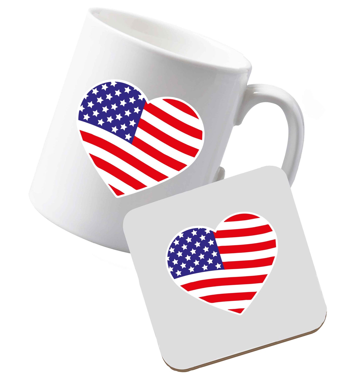 10 oz Ceramic mug and coasterAmerican USA Heart Flag both sides