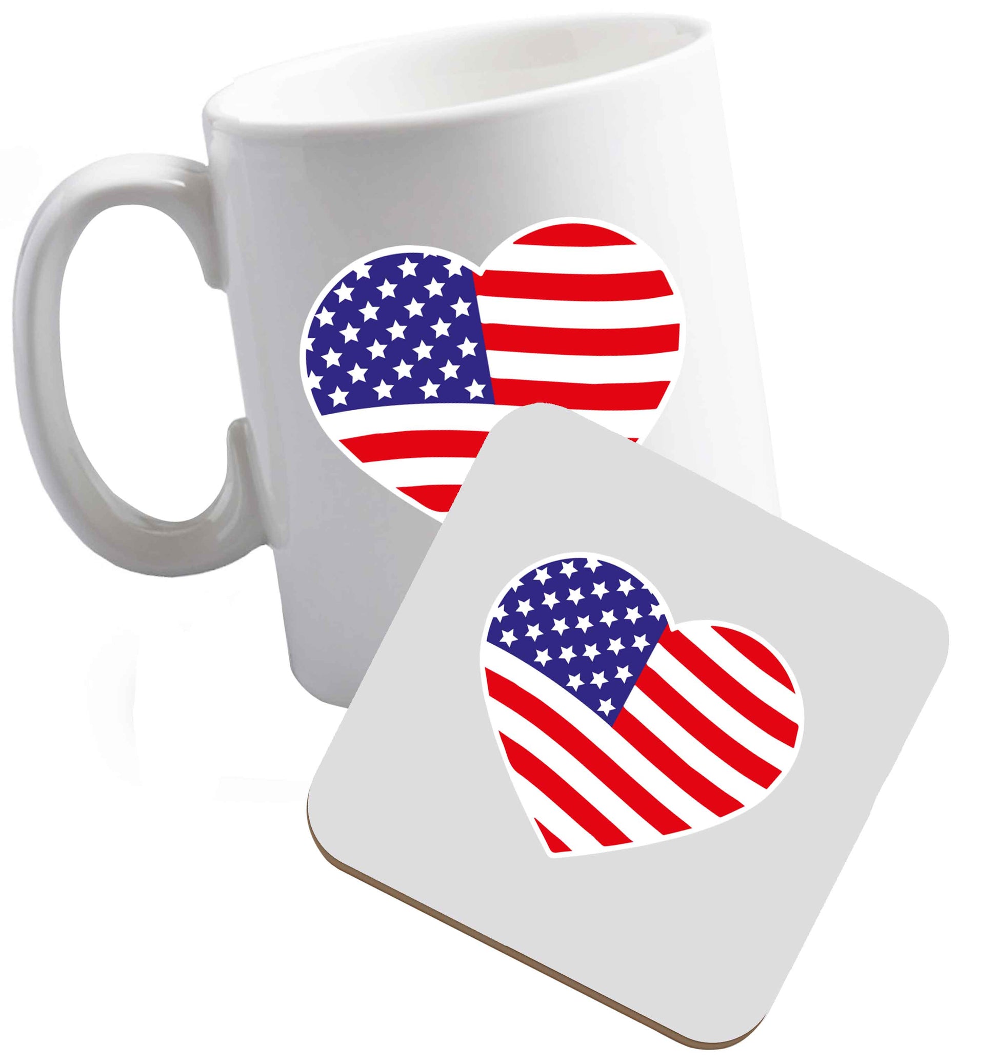 10 ozAmerican USA Heart Flag ceramic mug and coaster set right handed