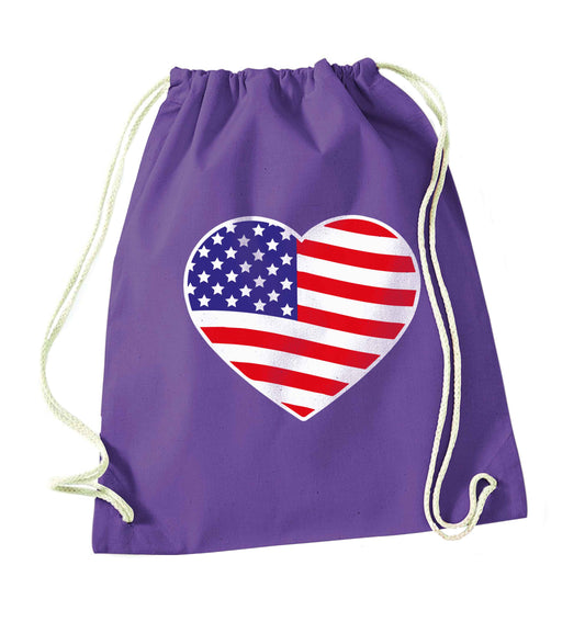 American USA Heart Flag purple drawstring bag