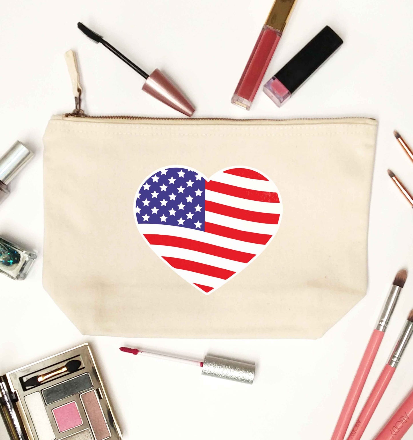 American USA Heart Flag natural makeup bag