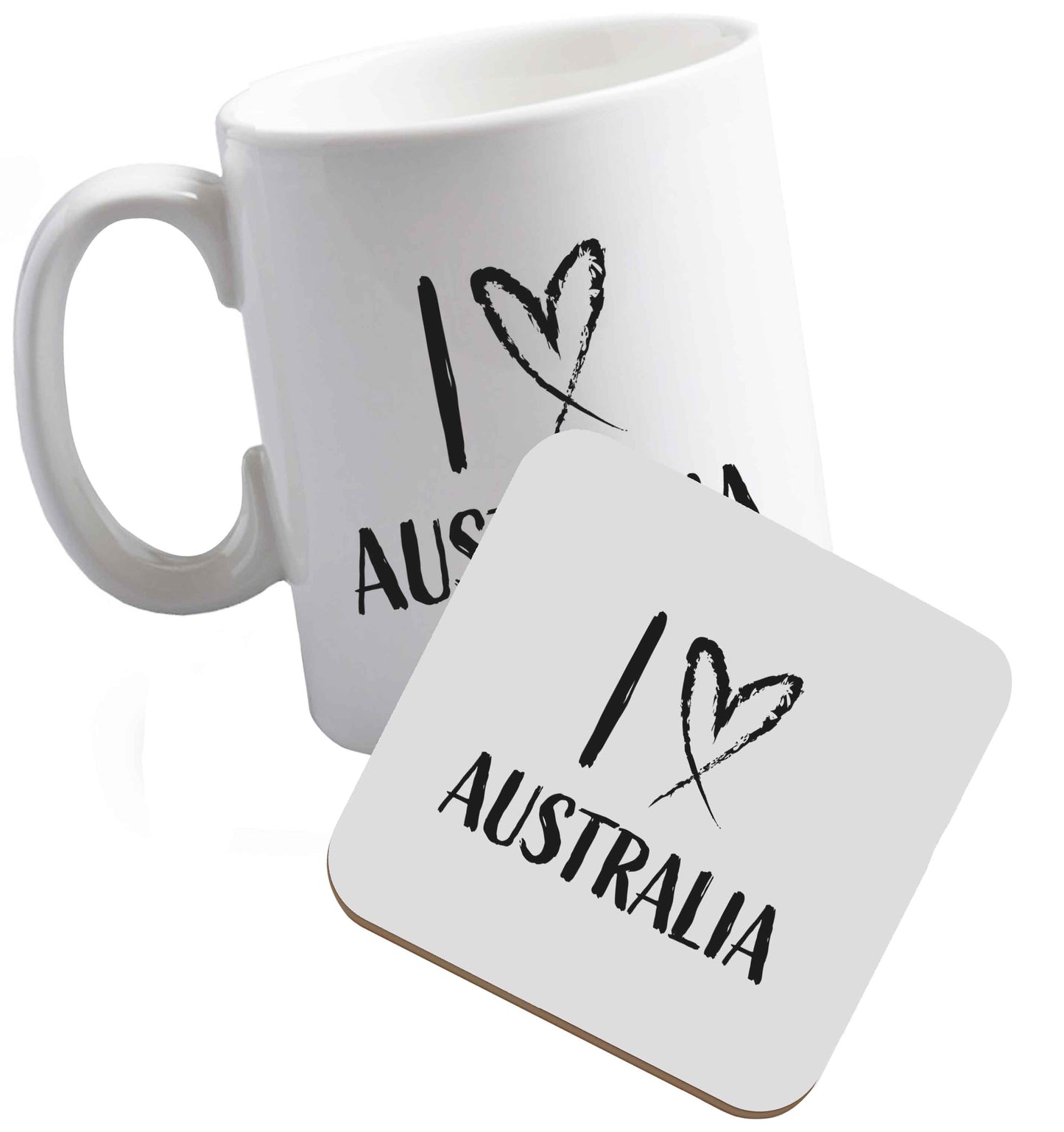 10 oz I Love Australia ceramic mug and coaster set right handed