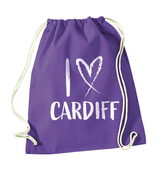 I love Cardiff purple drawstring bag