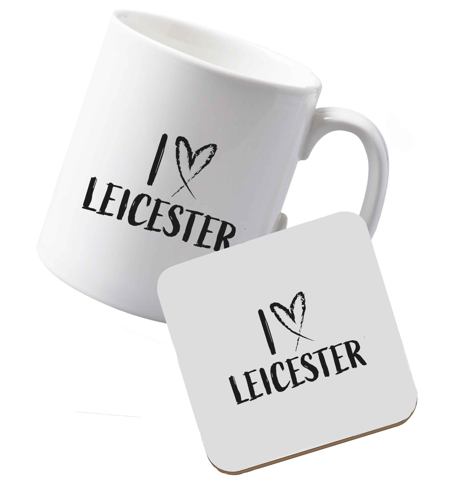 10 oz Ceramic mug and coaster I love Leicester both sides