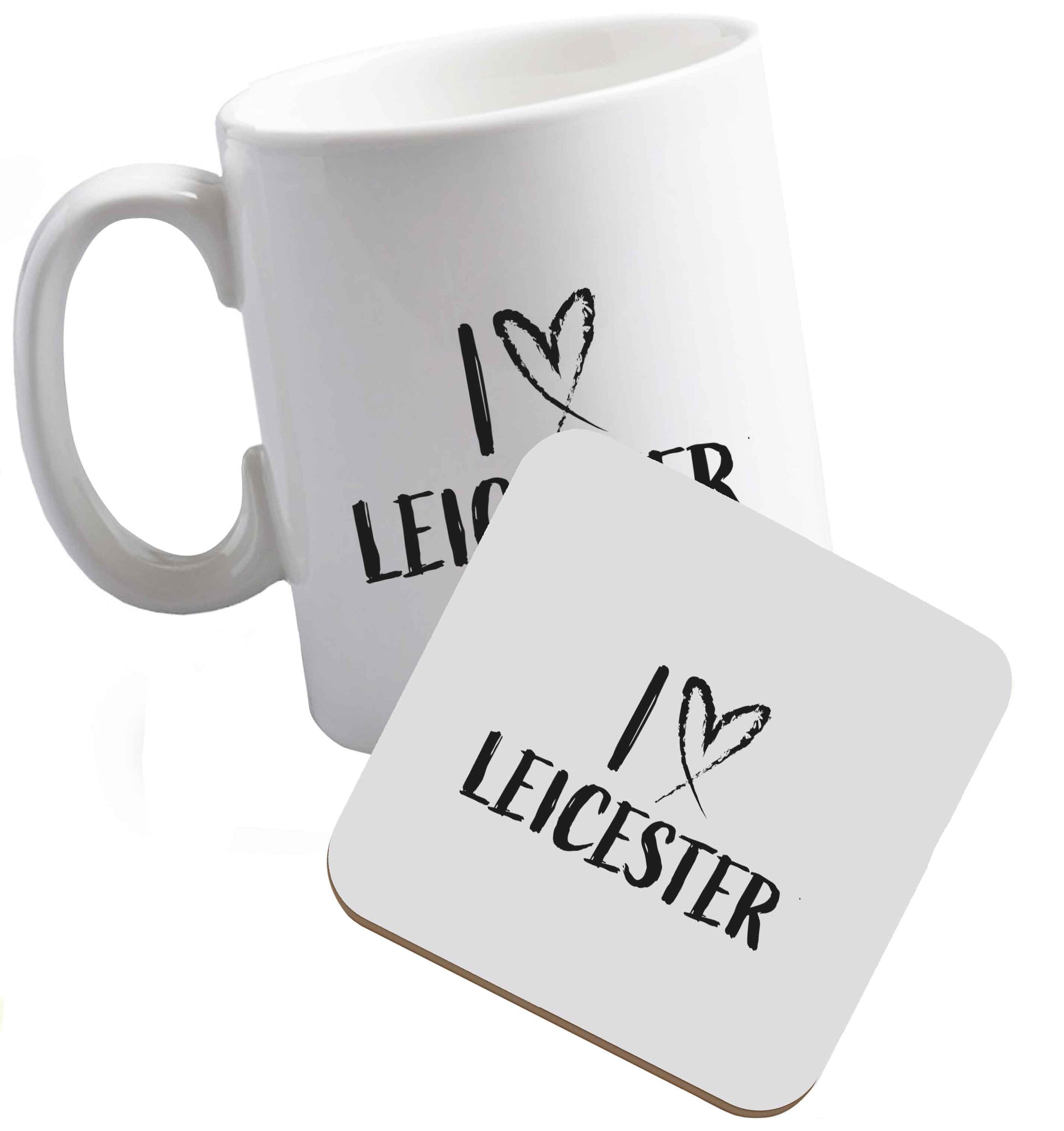 10 oz I love Leicester ceramic mug and coaster set right handed