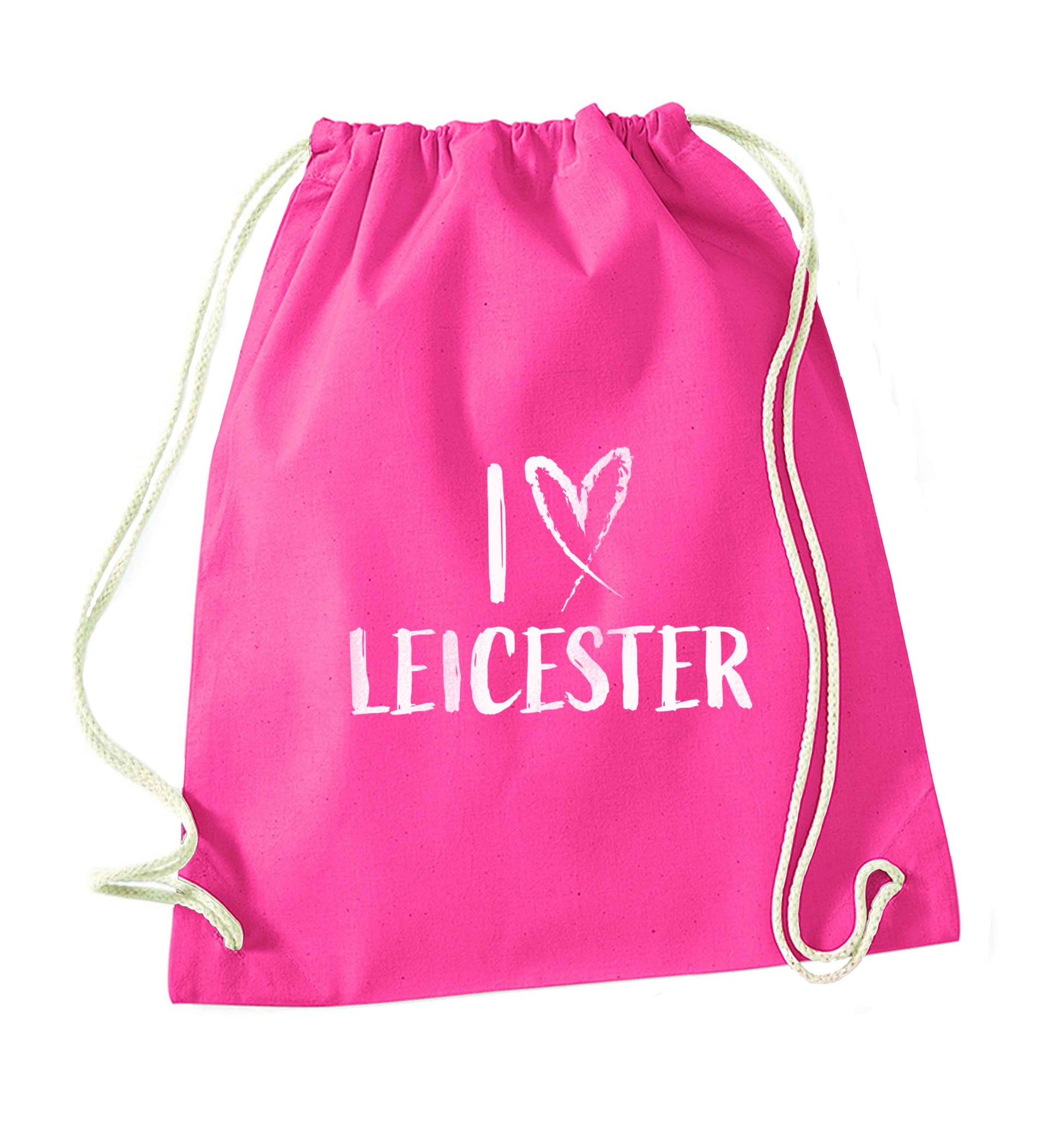 I love Leicester pink drawstring bag