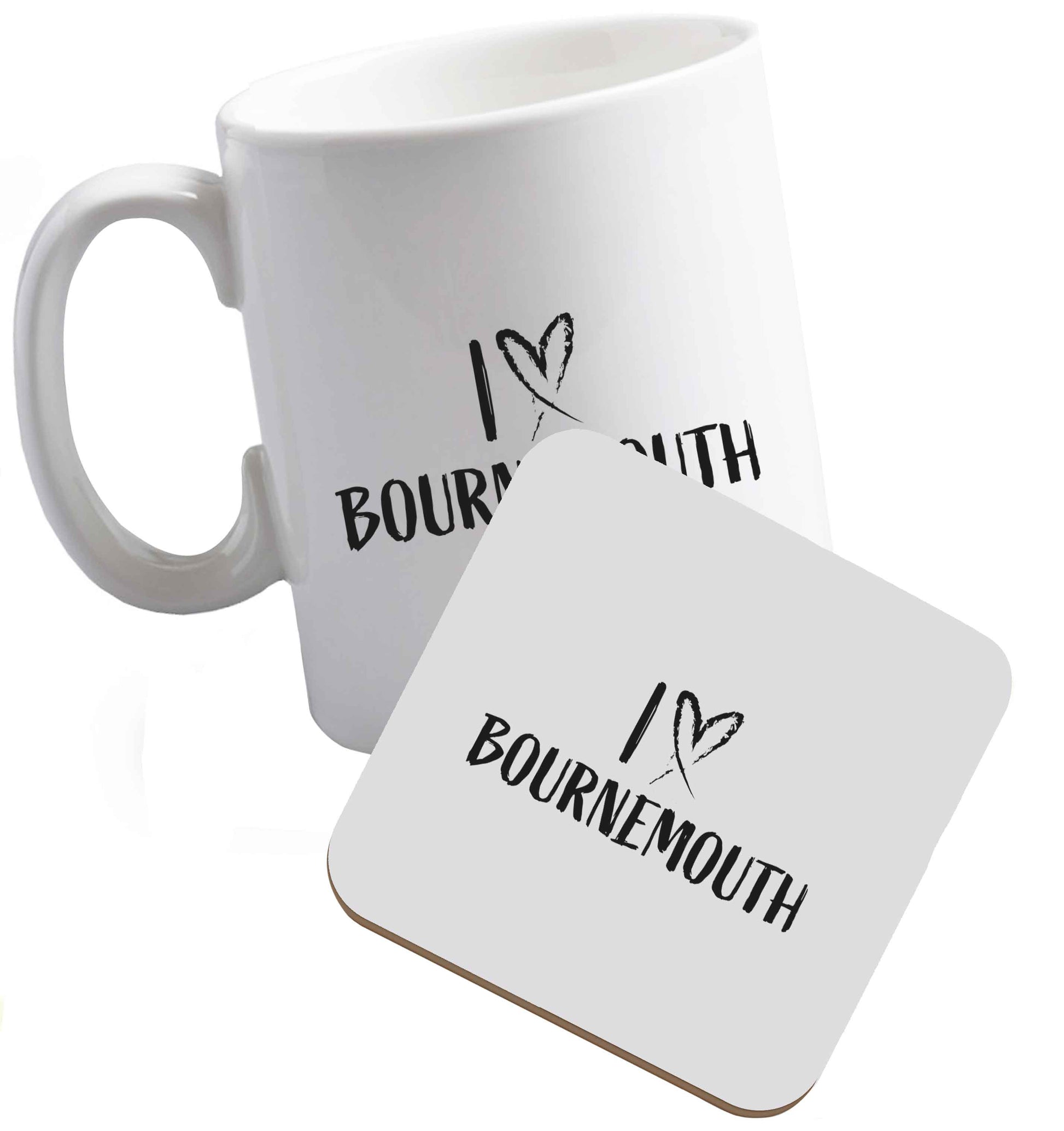 10 oz I love Bournemouth ceramic mug and coaster set right handed