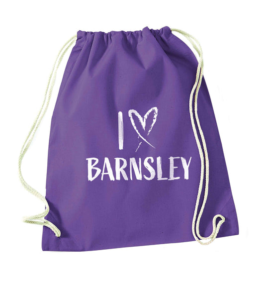 I love Barnsley purple drawstring bag