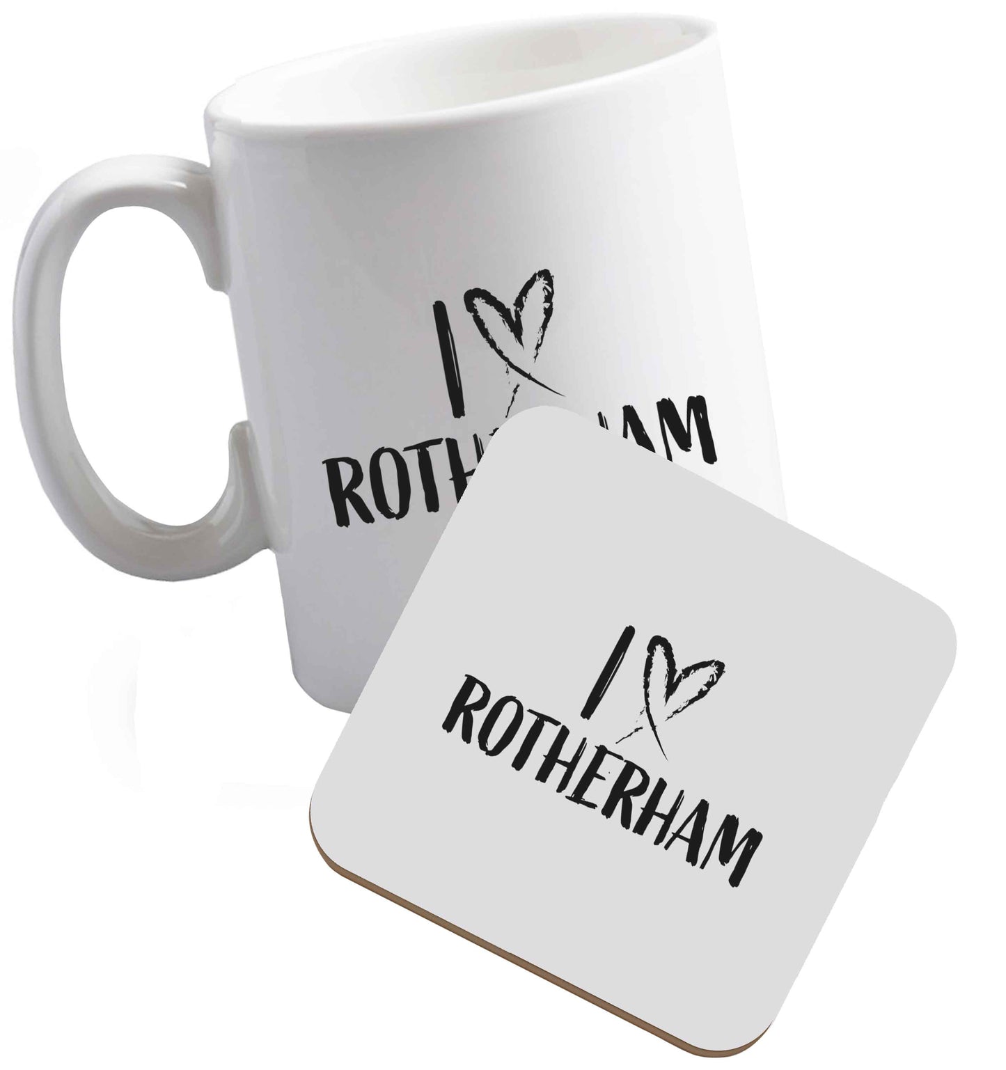 10 oz I love Rotherham ceramic mug and coaster set right handed