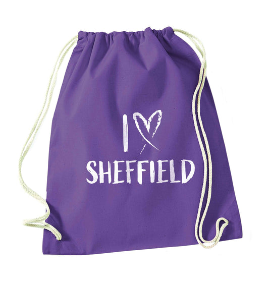 I love Sheffield purple drawstring bag