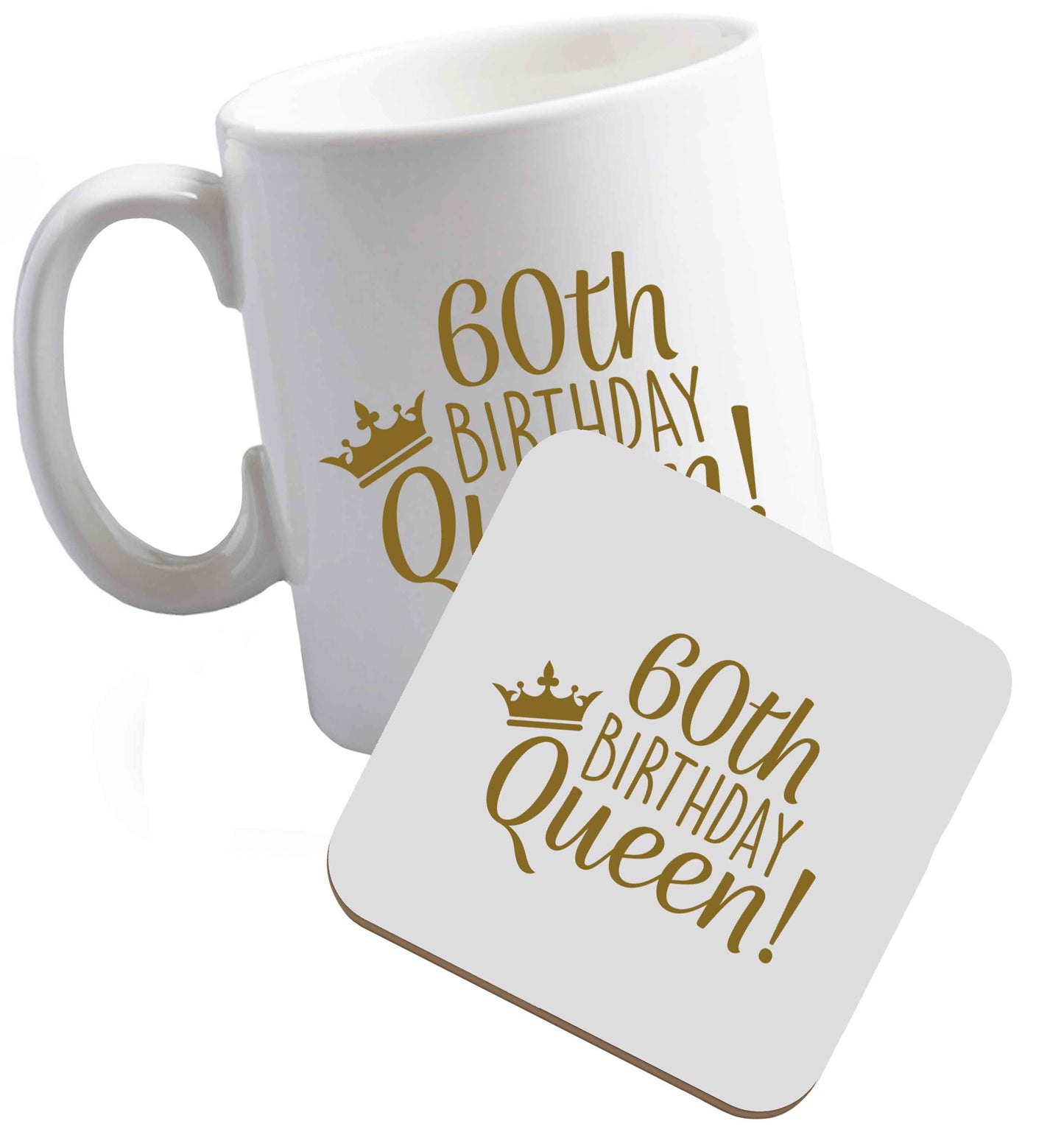 10 oz 60th birthday Queen ceramic mug and coaster set right handed