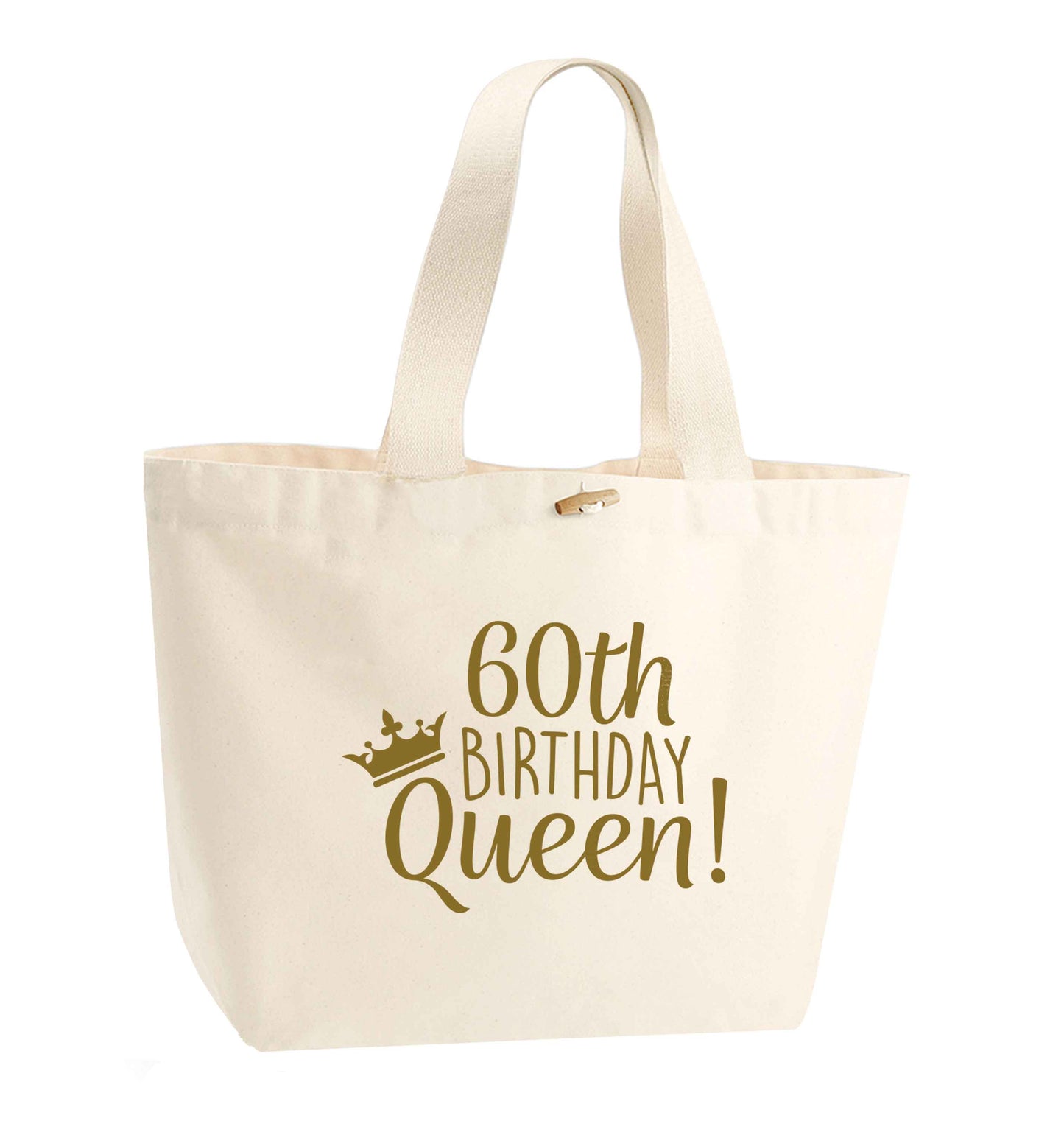 60th birthday Queen organic cotton premium tote bag with wooden toggle in natural