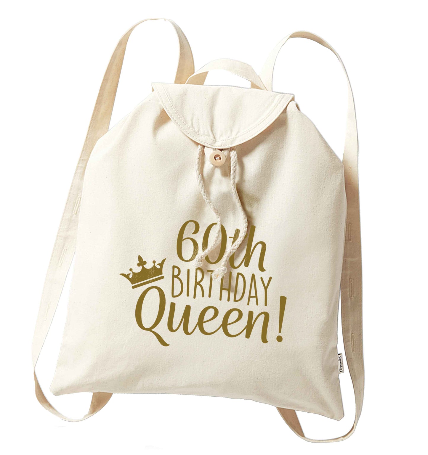60th birthday Queen organic cotton backpack tote with wooden buttons in natural