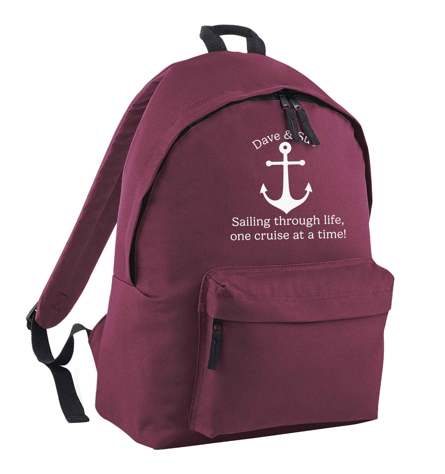 Sailing through life one cruise at a time - personalised maroon adults backpack