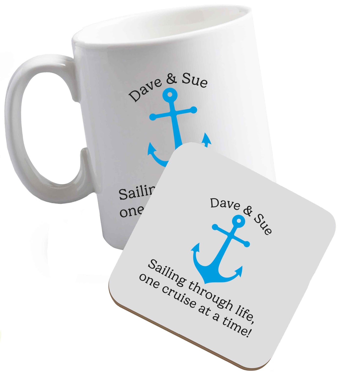 10 oz Sailing through life one cruise at a time - personalised ceramic mug and coaster set right handed