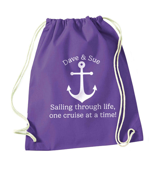 Sailing through life one cruise at a time - personalised purple drawstring bag