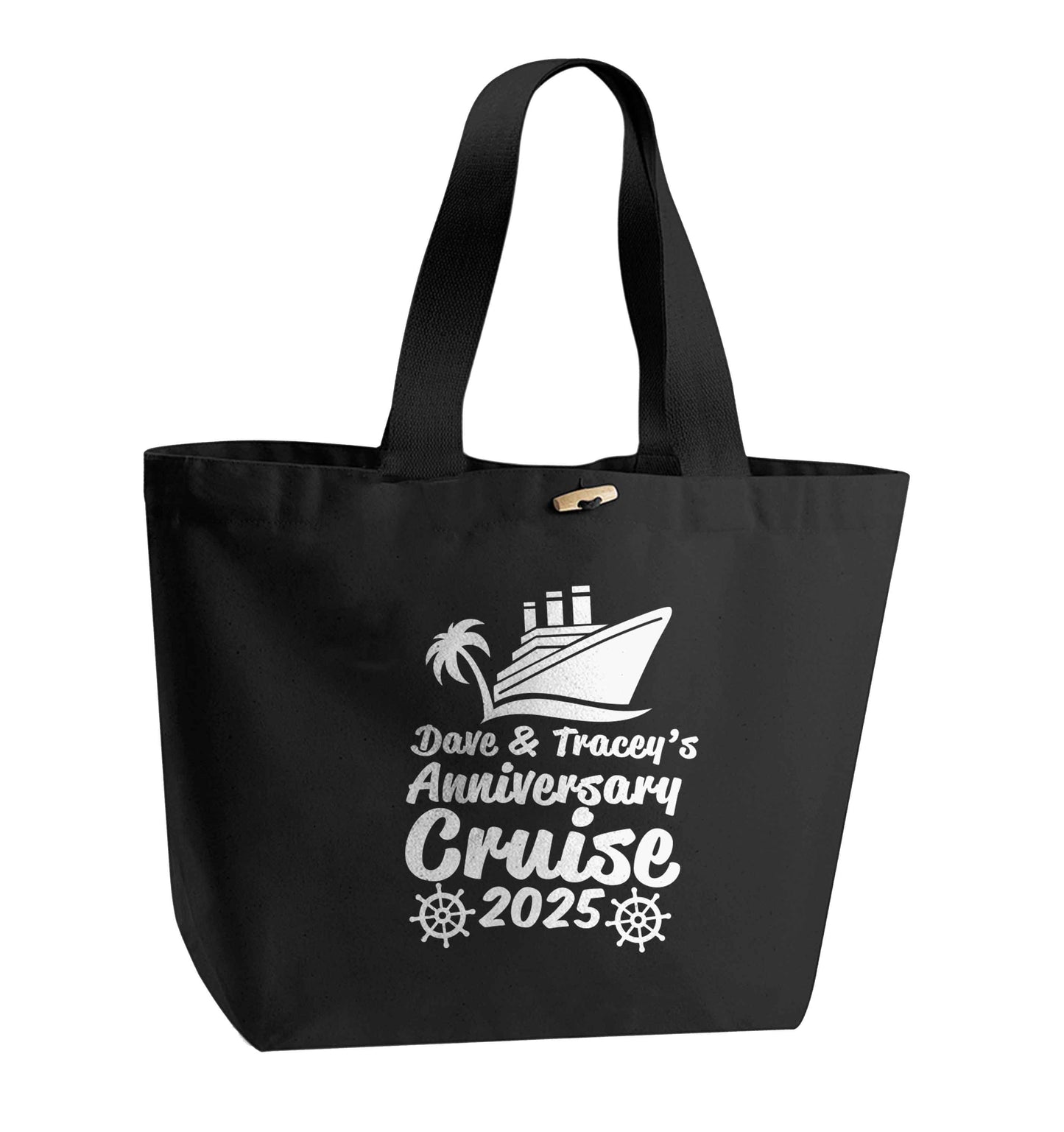 Personalised anniversary cruise organic cotton premium tote bag with wooden toggle in black