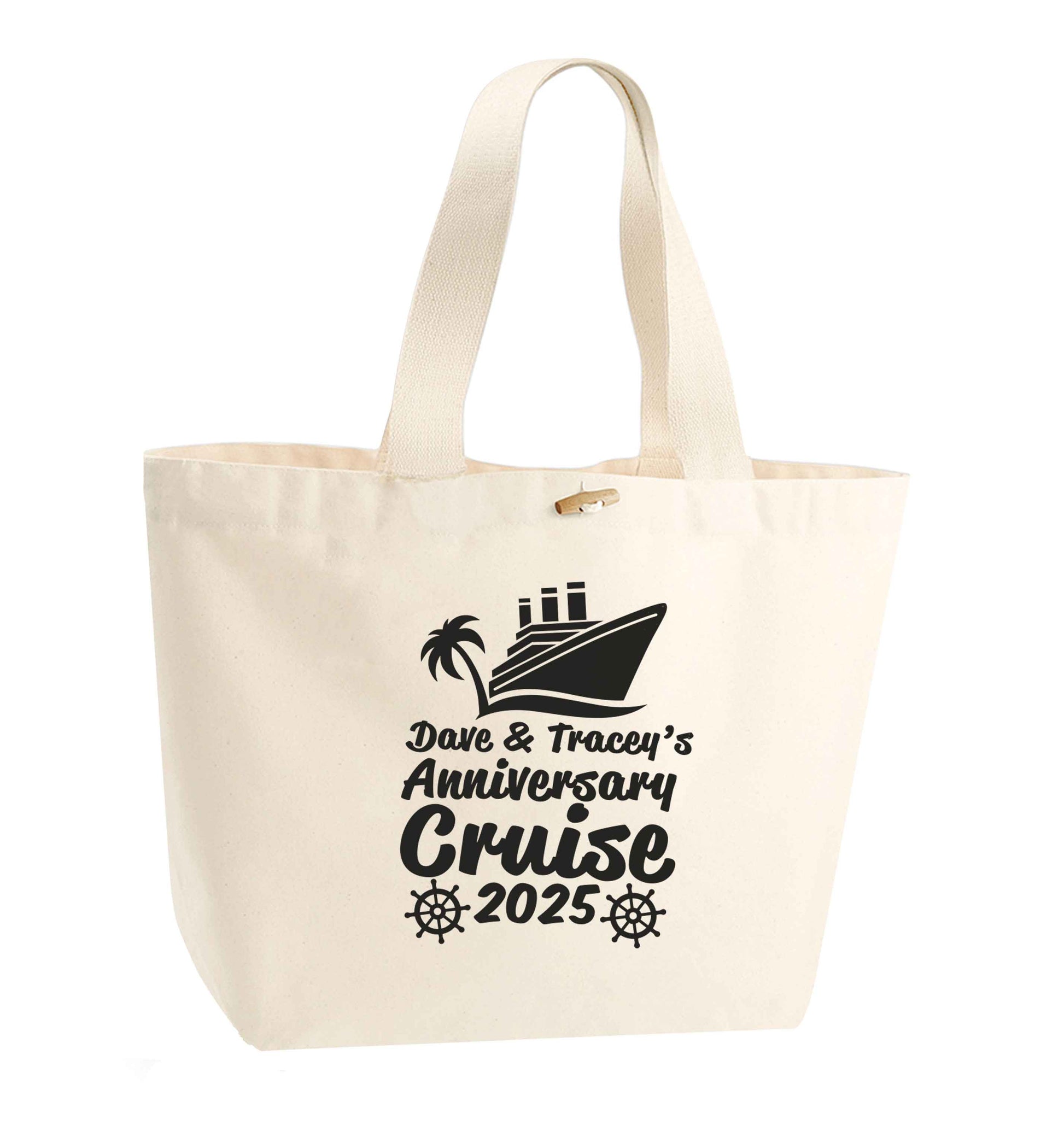 Personalised anniversary cruise organic cotton premium tote bag with wooden toggle in natural