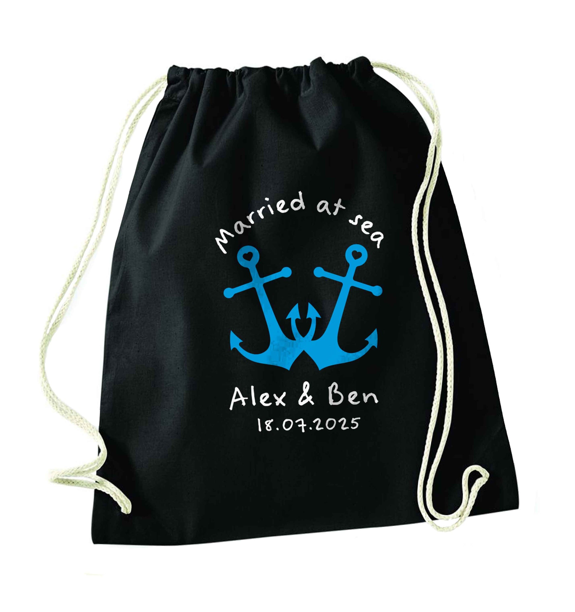 Married at sea blue anchors black drawstring bag