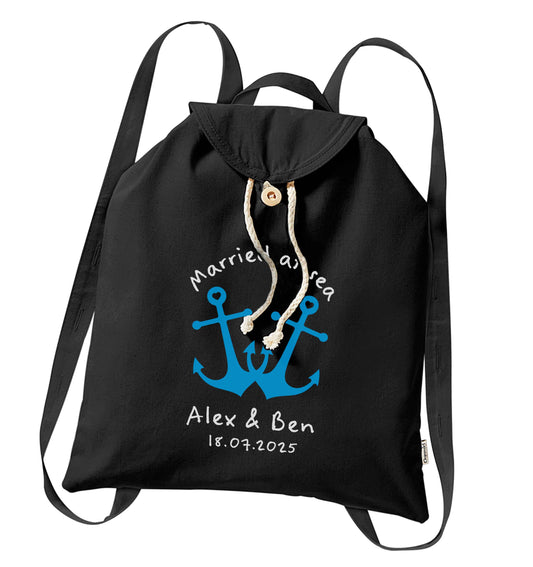 Married at sea blue anchors organic cotton backpack tote with wooden buttons in black