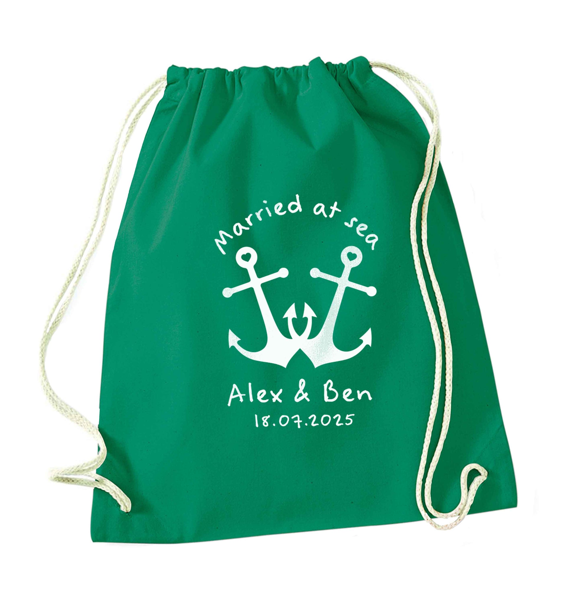 Married at sea blue anchors green drawstring bag