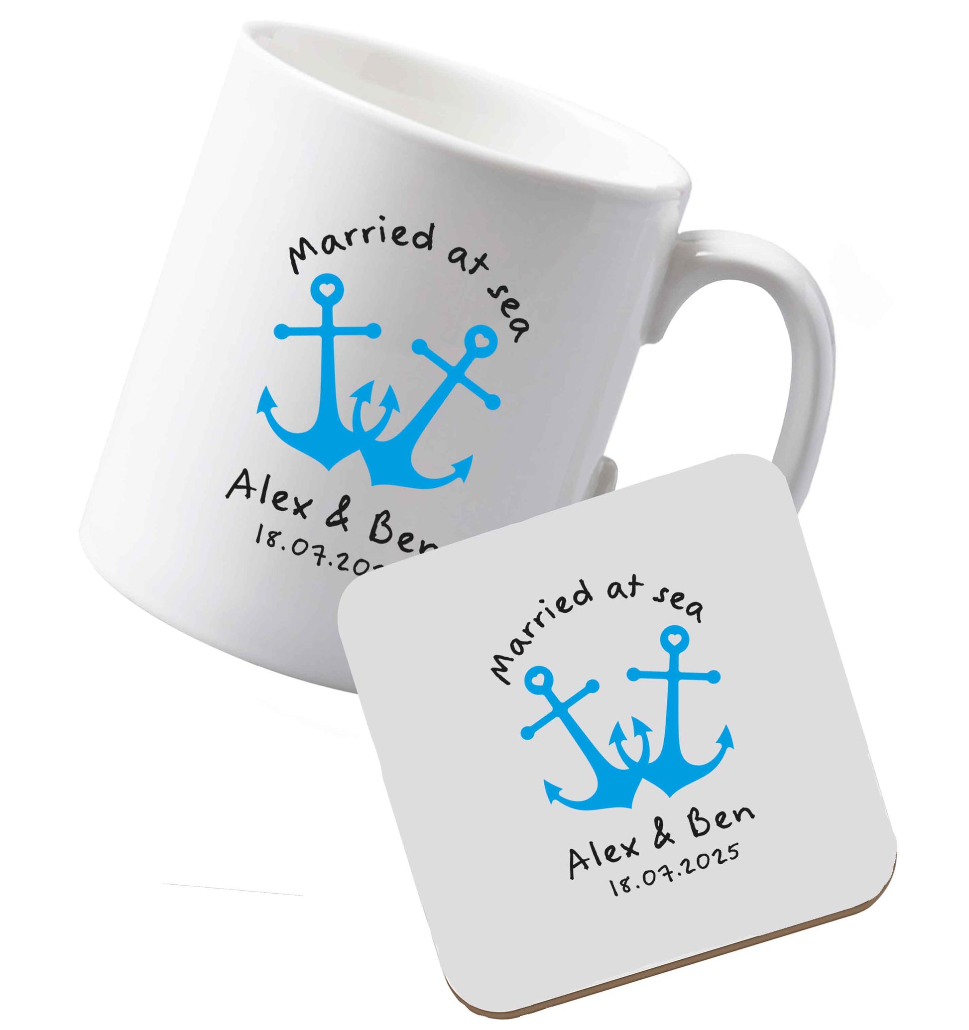 10 oz Ceramic mug and coaster Married at sea blue anchors both sides