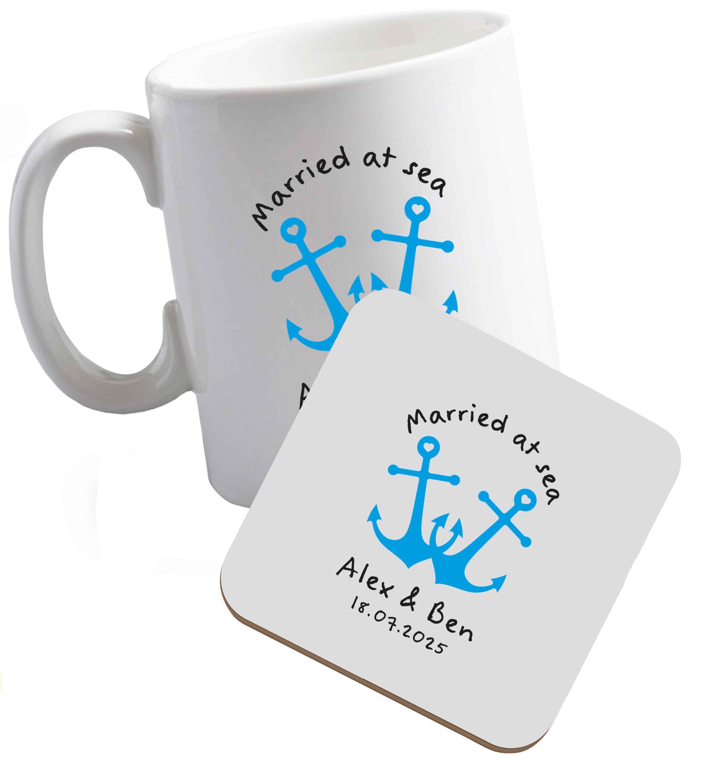 10 oz Married at sea blue anchors ceramic mug and coaster set right handed