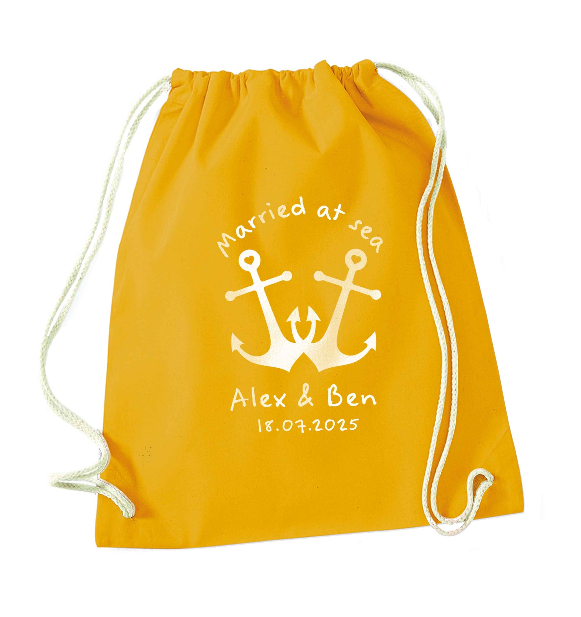 Married at sea blue anchors mustard drawstring bag