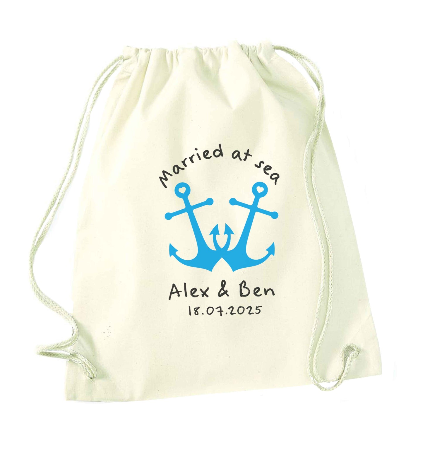 Married at sea blue anchors natural drawstring bag