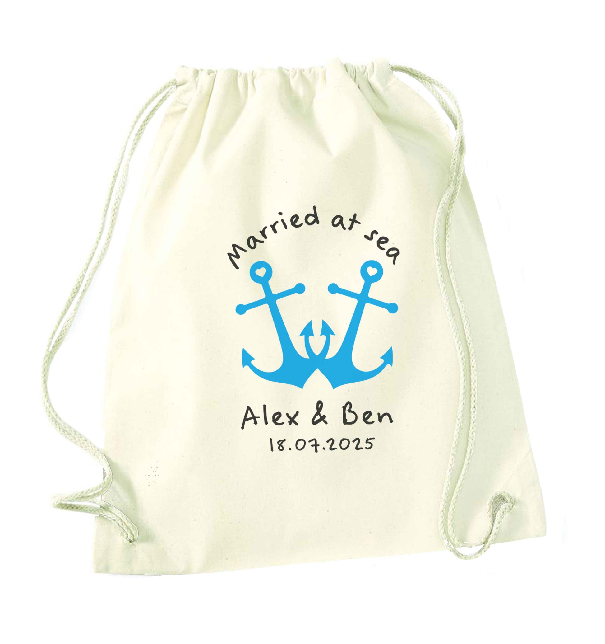 Married at sea blue anchors natural drawstring bag