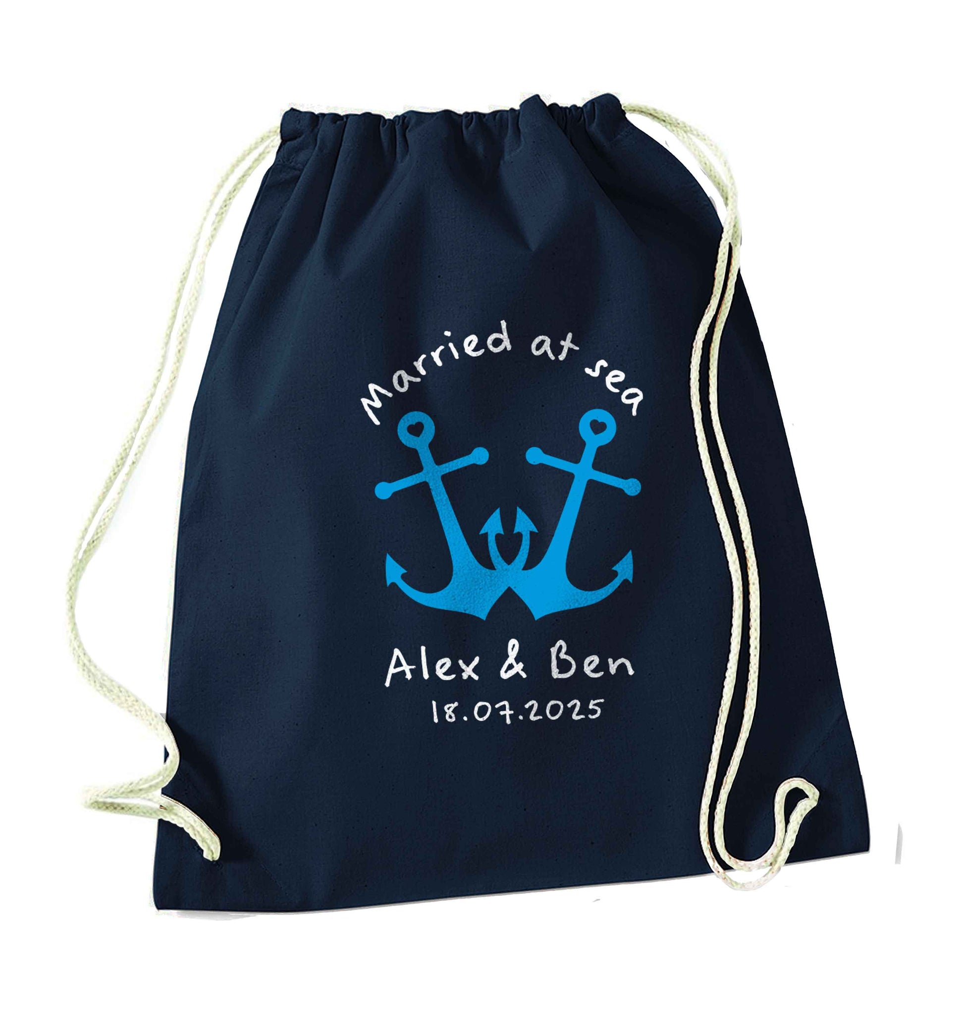 Married at sea blue anchors navy drawstring bag