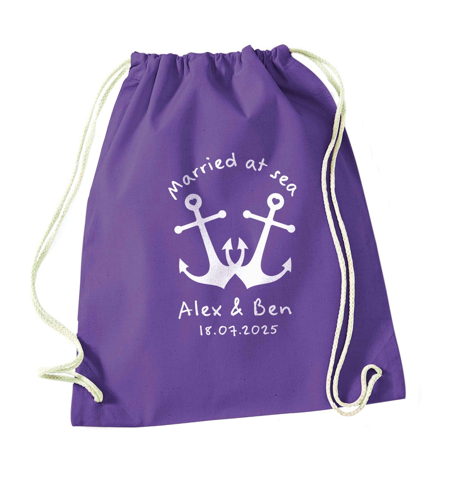 Married at sea blue anchors purple drawstring bag