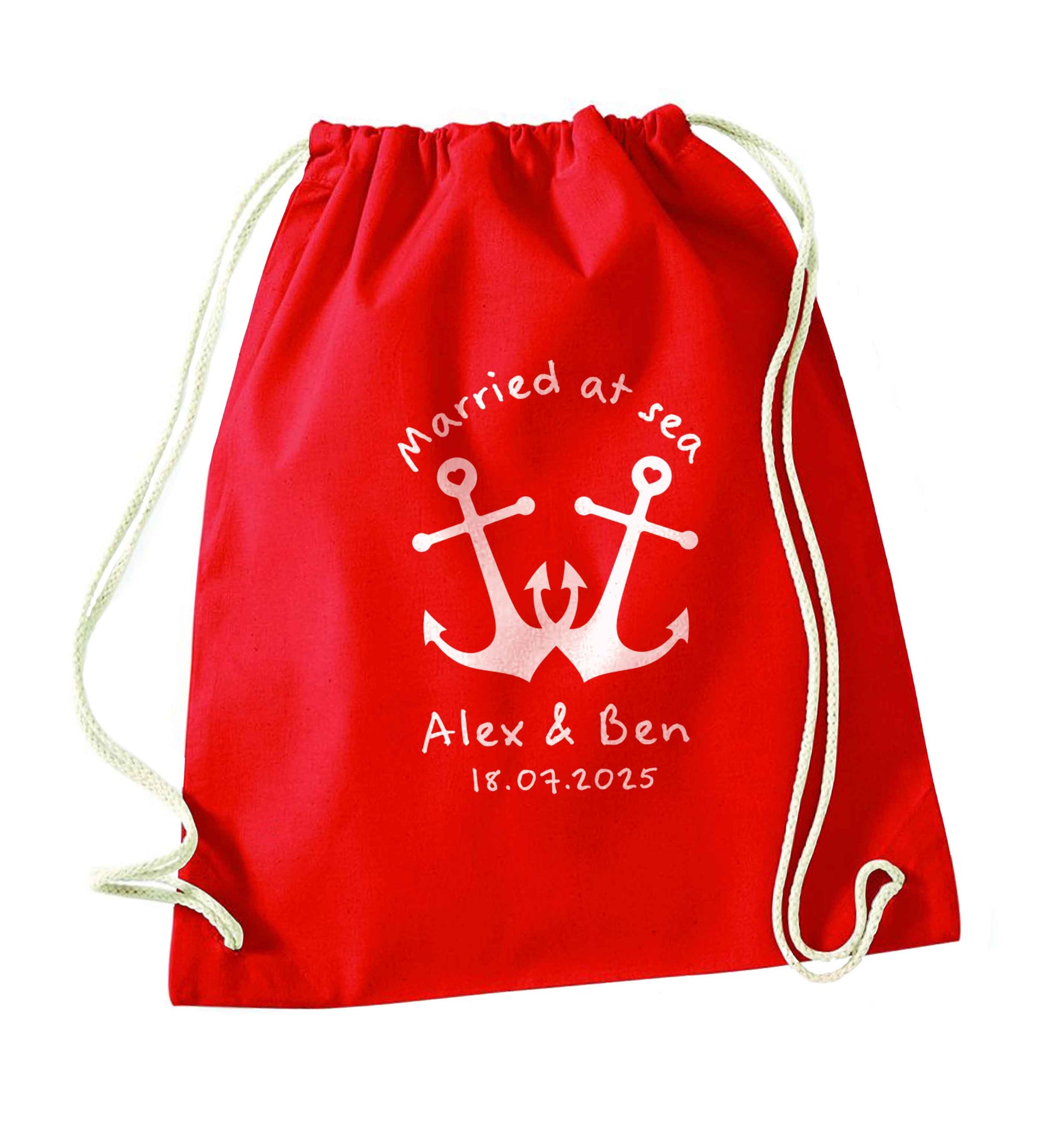 Married at sea blue anchors red drawstring bag 