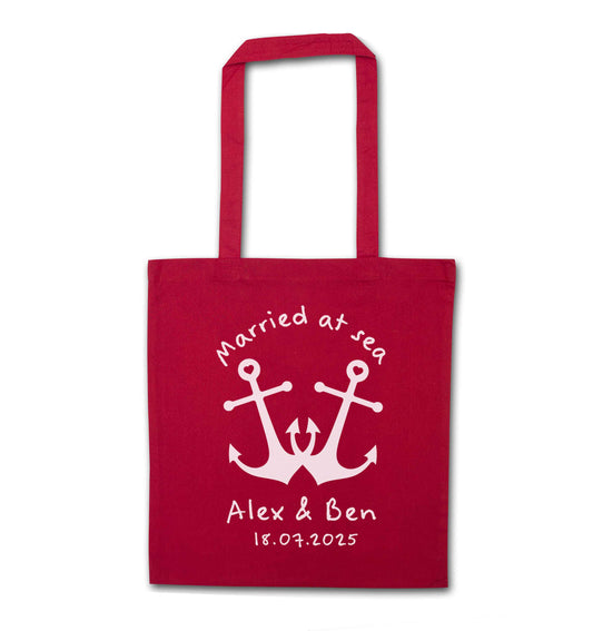 Married at sea blue anchors red tote bag