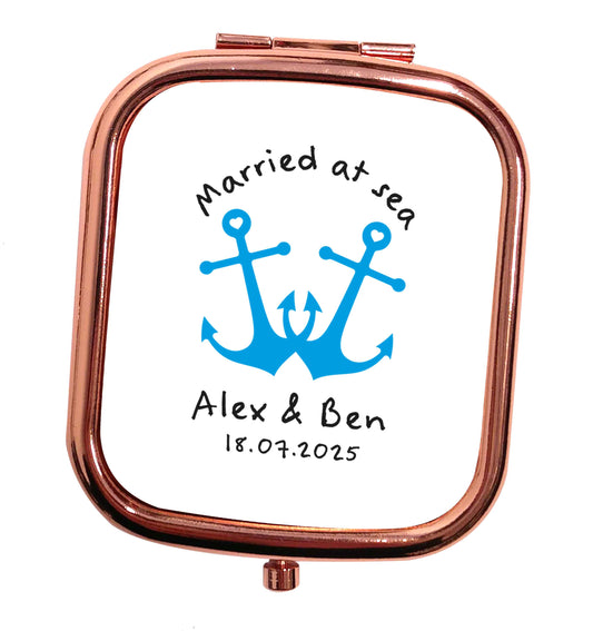Married at sea blue anchors rose gold square pocket mirror