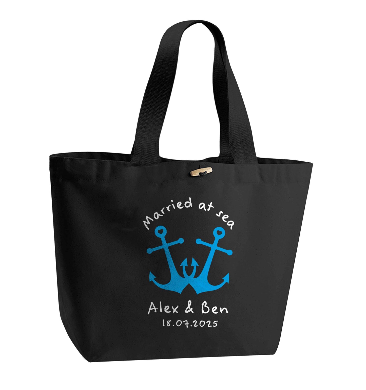 Married at sea blue anchors organic cotton premium tote bag with wooden toggle in black