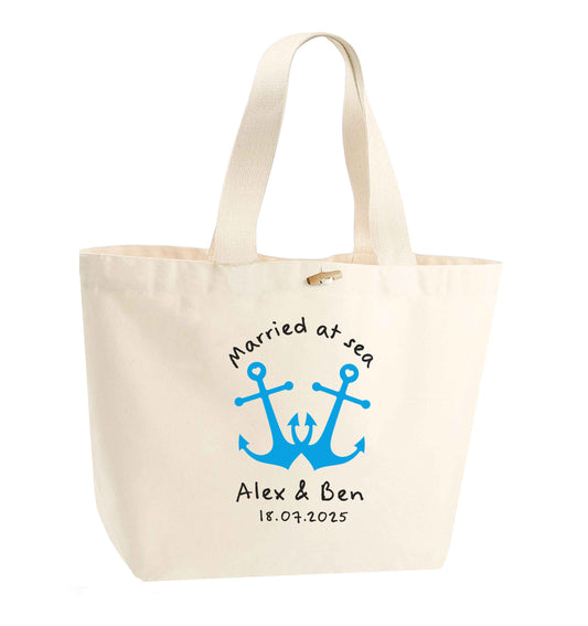 Married at sea blue anchors organic cotton premium tote bag with wooden toggle in natural