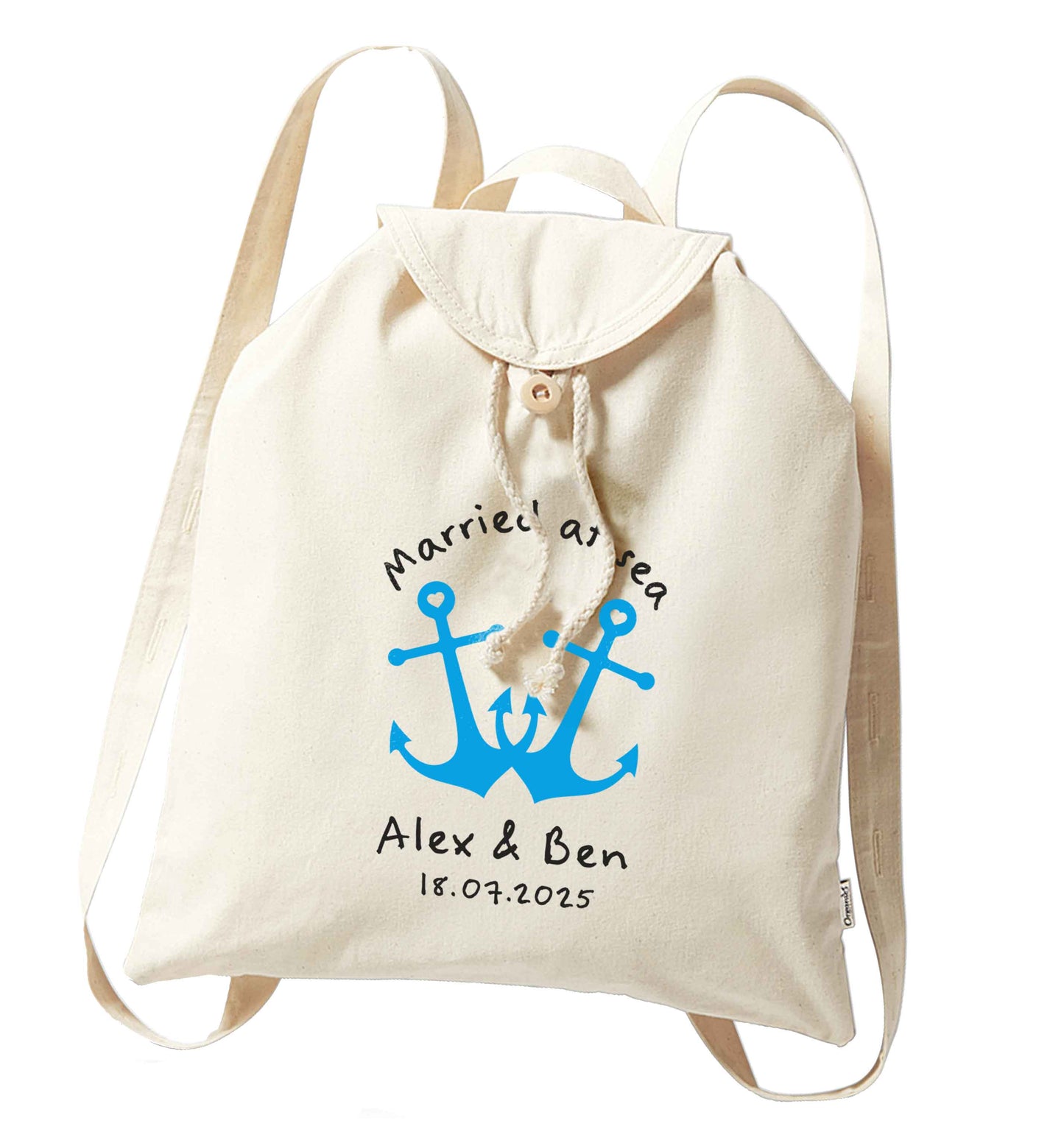 Married at sea blue anchors organic cotton backpack tote with wooden buttons in natural