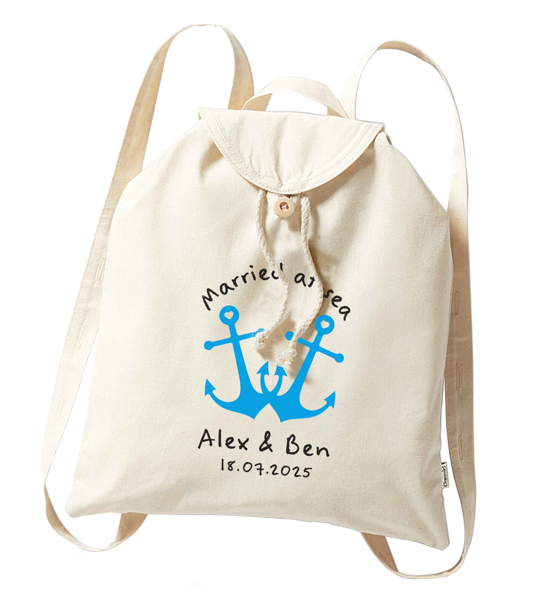 Married at sea blue anchors organic cotton backpack tote with wooden buttons in natural