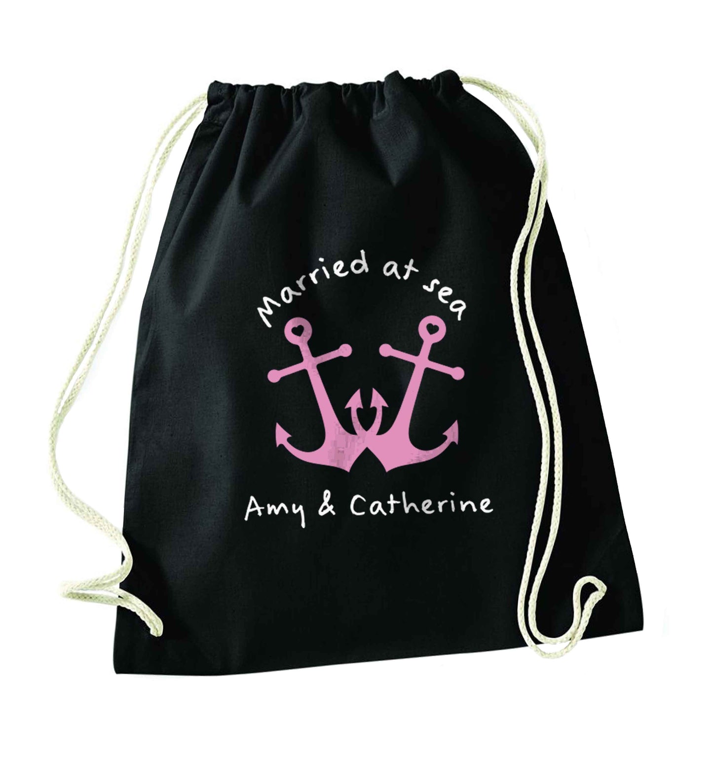 Married at sea pink anchors black drawstring bag